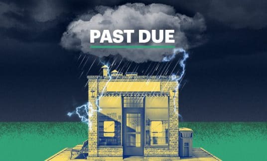 A dark and stormy cloud labeled “Past Due” is raining on a small shop.