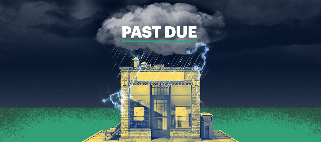 A dark and stormy cloud labeled “Past Due” is raining on a small shop.