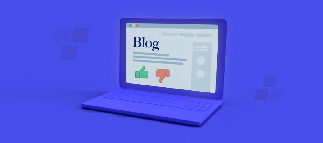 On a computer screen, a website labeled “Blog” features a thumbs-up emoji and a thumbs-down emoji.