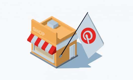A small shop fies a big flag with the Pinterest logo.