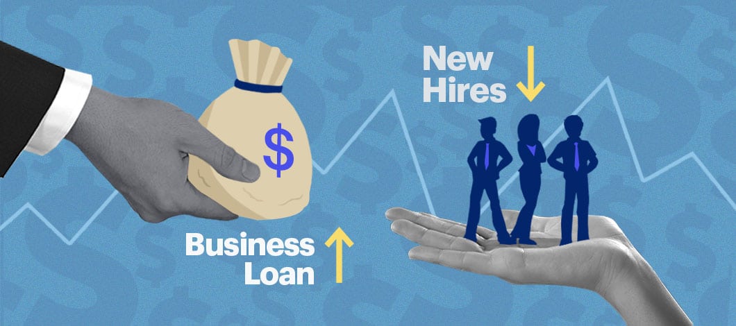 One hand extends a sack of cash marked “Business Loan” to another, open-palmed hand. Three small people tagged as “New Hires” stand on the palm.