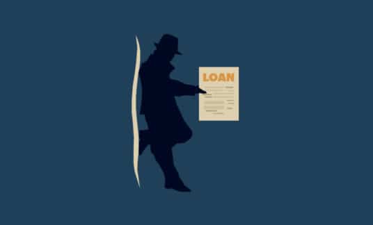 There’s a silhouette of a shady looking man wearing a hat and an overcoat holding a document marked “Loan.”