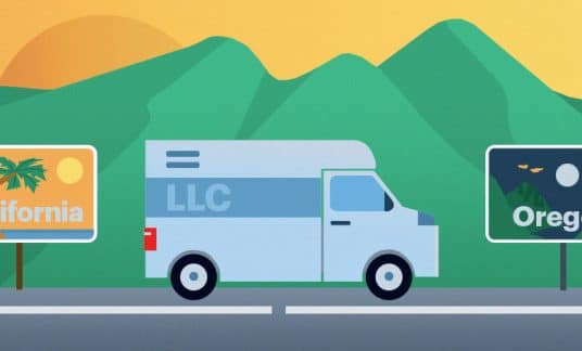 A moving van labeled “LLC” crosses state lines with road signs marked “California” and “Oregon.”