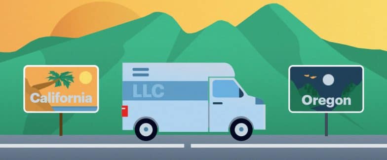 A moving van labeled “LLC” crosses state lines with road signs marked “California” and “Oregon.”