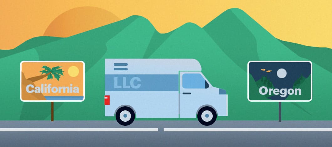 A moving van labeled “LLC” crosses state lines with road signs marked “California” and “Oregon.”