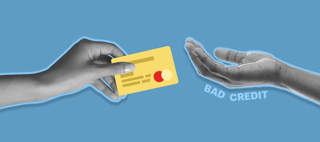 One arm extends a credit card to another arm tagged as “Bad Credit.”