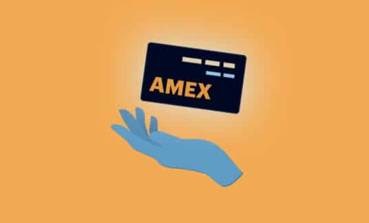 A hand holds a glowing card labeled “AMEX.”