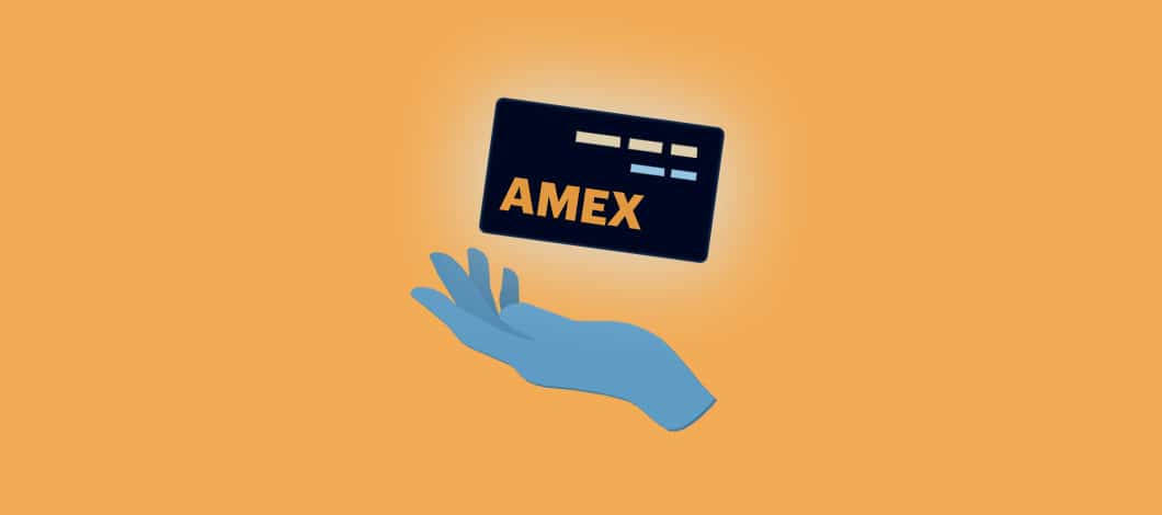 A hand holds a glowing card labeled “AMEX.”