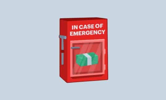 Stacks of cash sit inside a box with a glass front that reads “In Case of Emergency” with a small hammed dangling from a chain on the side.