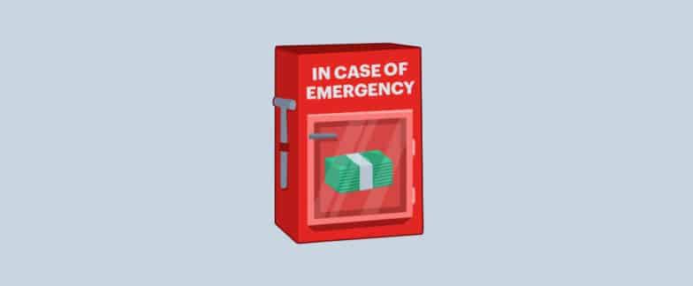 Stacks of cash sit inside a box with a glass front that reads “In Case of Emergency” with a small hammed dangling from a chain on the side.