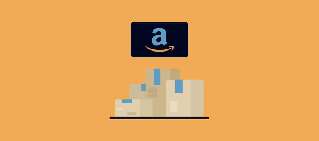A credit card with the Amazon smile logo hovers above several delivered cardboard boxes with light blue packaging tape.