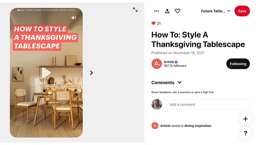 Instead of promoting a particular product, furniture retailer Article created a pin about setting a Thanksgiving table.