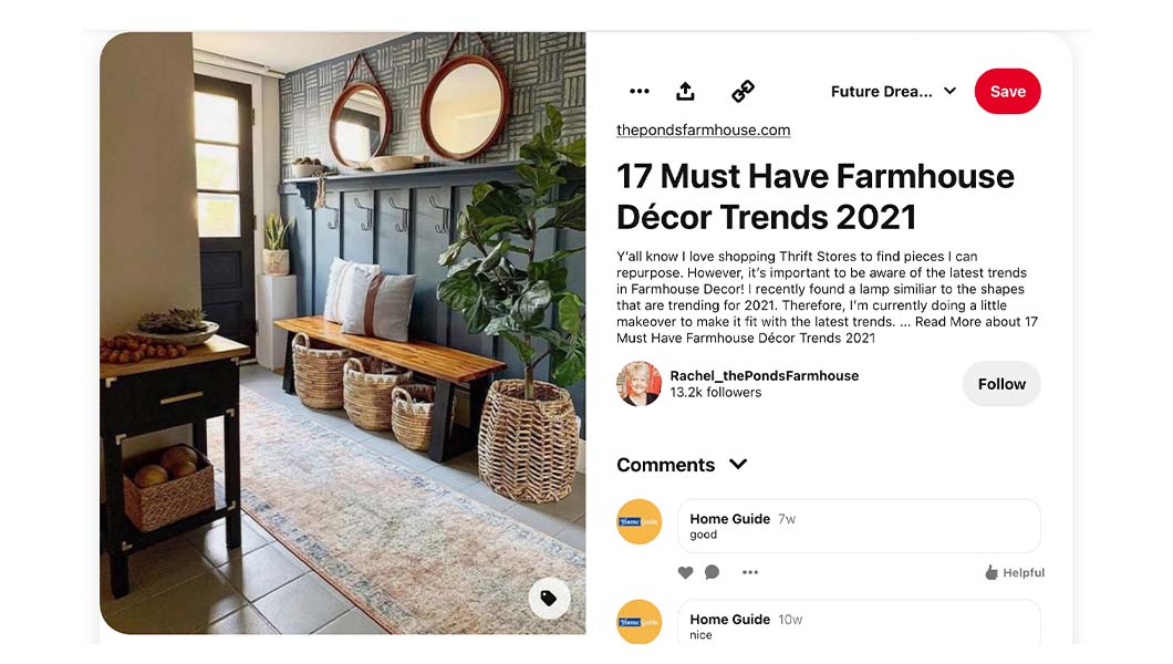 This pin ranks highly for the popular search term "home decor ideas." It's heavily optimized for terms related to decor, including "farmhouse decor."