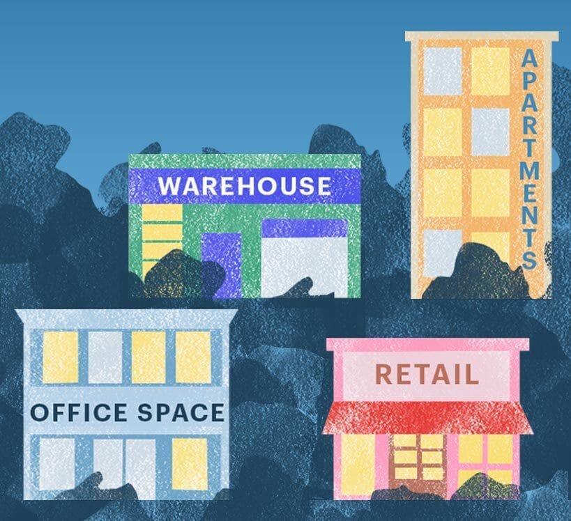 An illustration of several buildings labeled "warehouse" "apartments" "office space" and "retail," depicting the different building types that can be funded with commercial real estate loans.
