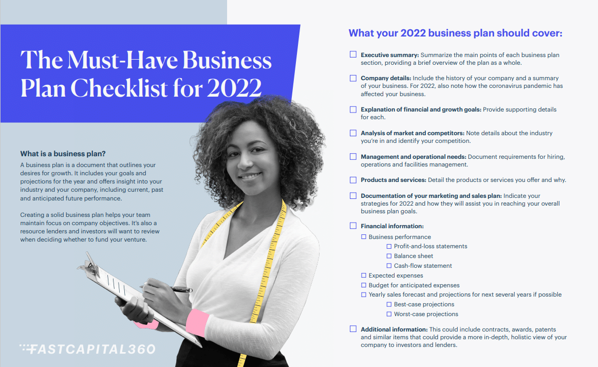 The Must-Have Business Plan Checklist for 2022 with women holding a clipboard with a measuring tape around her neck