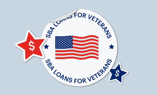 Seal with American flag and stars with dollar signs on them and the words “SBA Loans for Veterans”