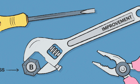 A giant bolt labeled “Business” is being tightened by an adjustable wrench labeled “Improvement.”