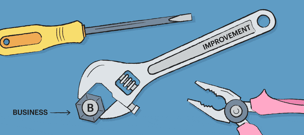 A giant bolt labeled “Business” is being tightened by an adjustable wrench labeled “Improvement.”