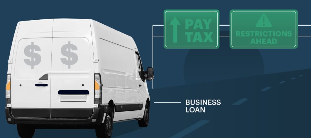 A cargo van identified as “Business Loan” comes across a green highway sign that reads “Pay Tax” but also faces a caution sign that says “Restrictions Ahead.”