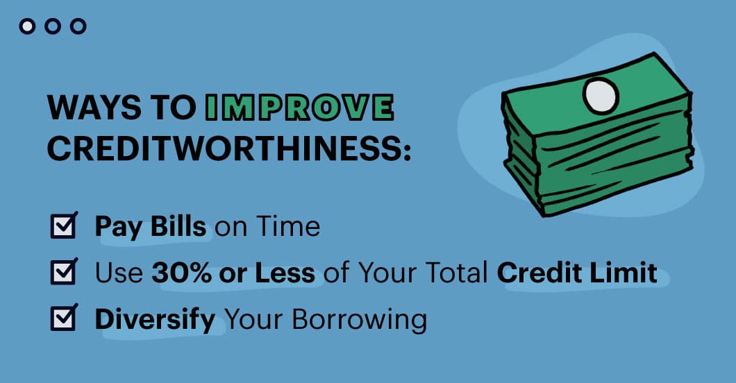 Ways to improve creditworthiness include paying bills on time, using 30% or less of your total credit limit and diversifying your borrowing.