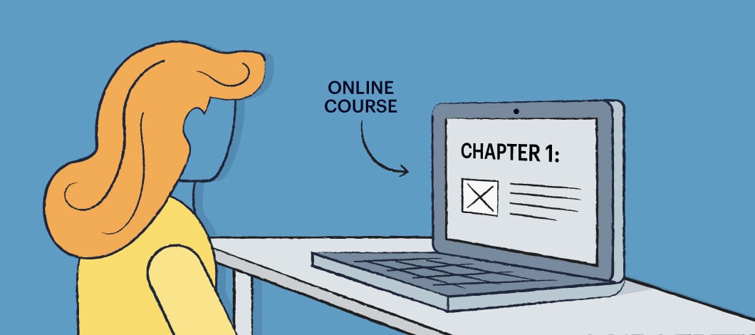 A business owner taking an online course on a laptop.