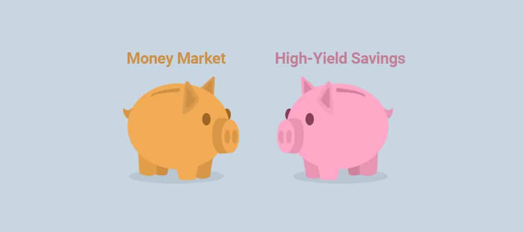 Two differently colored piggy banks, one labeled “Money Market” and the other “High-Yield Savings,” face each other.