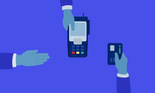 One hand holds out a payment processing device while a hand from the opposite direction prepares to swipe a credit card. Meanwhile, a third hand, open-palmed as if expecting payment, extends to the hand holding the device.