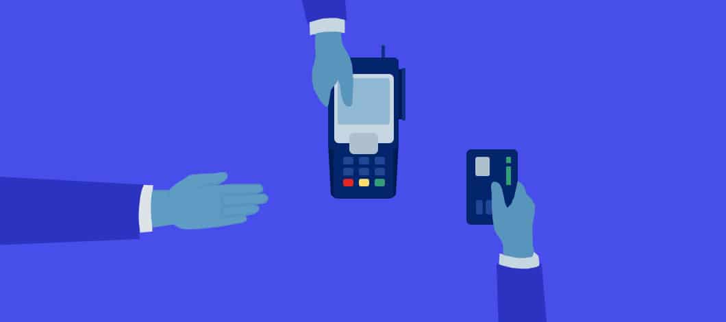 One hand holds out a payment processing device while a hand from the opposite direction prepares to swipe a credit card. Meanwhile, a third hand, open-palmed as if expecting payment, extends to the hand holding the device.