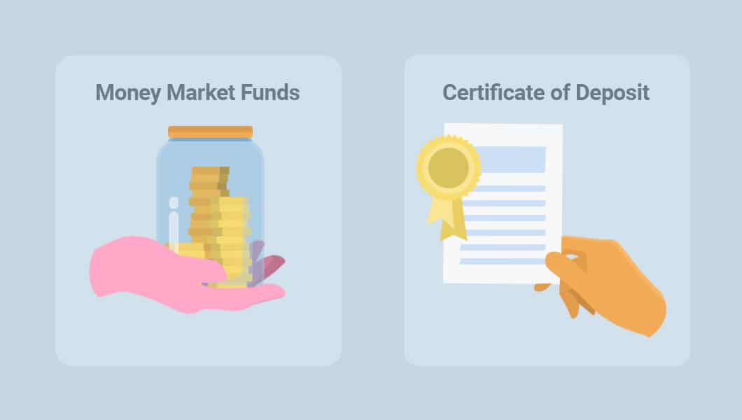 One hand holds a jar of coins labeled “Money Market Funds” while another hand holds a document with a gold seal labeled “Certificate of Deposit.”