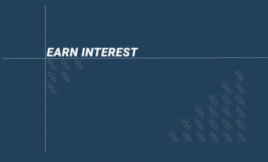 Moving image with coins and an upward trending line graph with the words “Earn Interest”