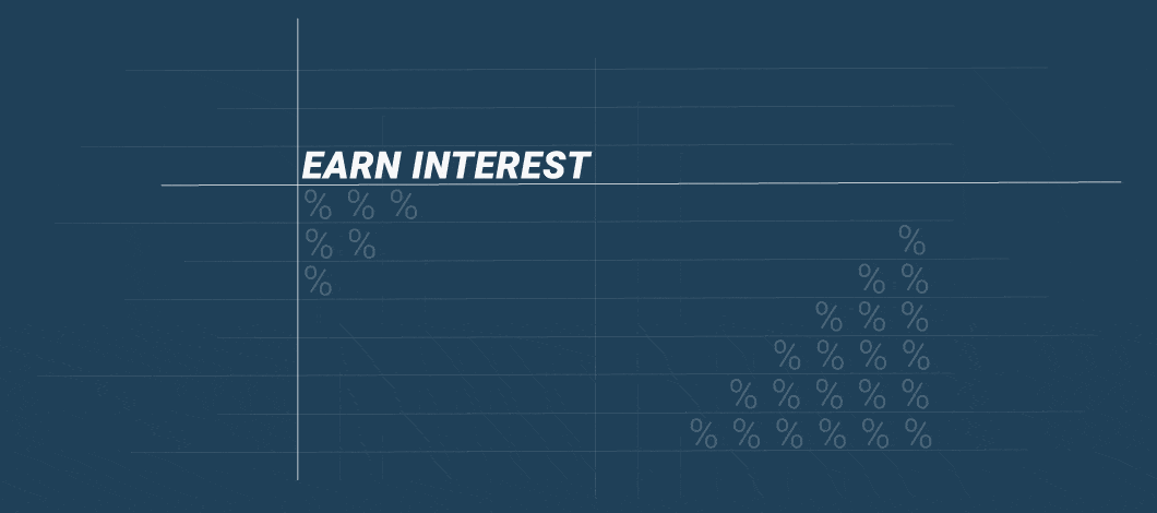 Moving image with coins and an upward trending line graph with the words “Earn Interest”