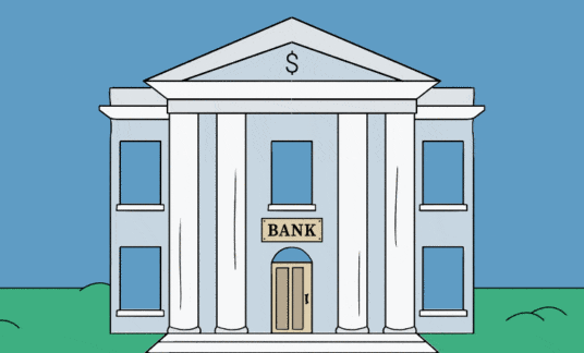 Image of a bank building with the word “bank” on it and the word “approved” flying out the window