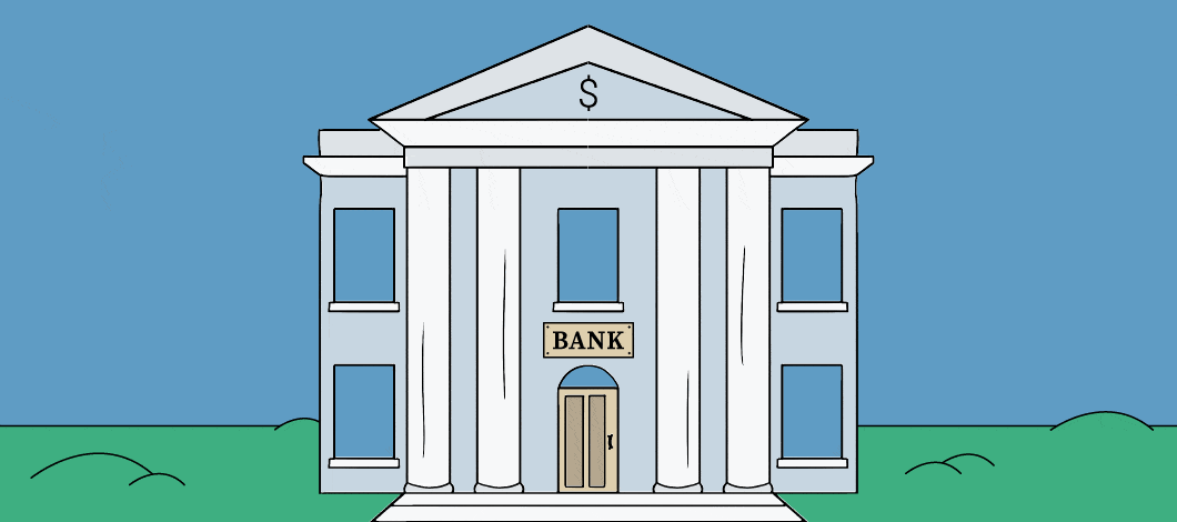 Image of a bank building with the word “bank” on it and the word “approved” flying out the window