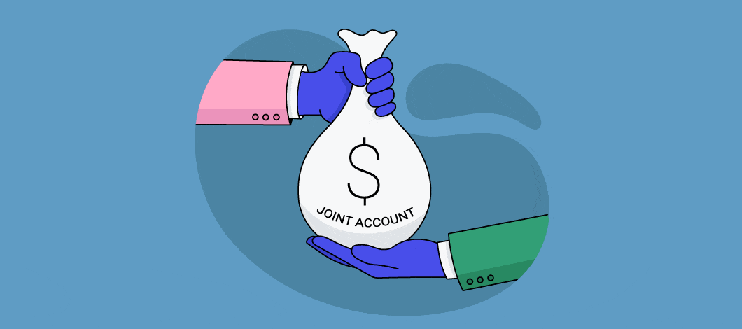 One hand gives a sack of cash labeled “Joint Account” to another hand.