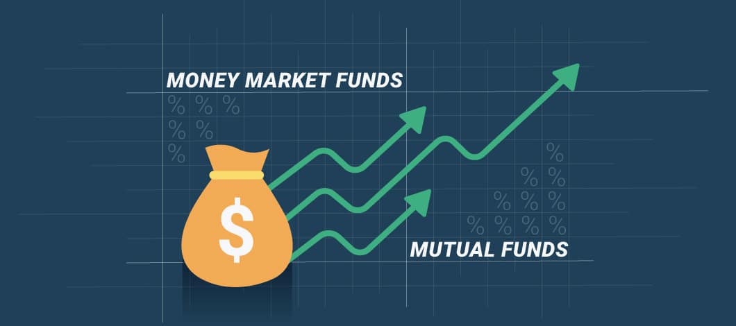 A bag with a dollar sign on it and upward trending line graphs with the words “Money Market Funds” and “Mutual Funds”