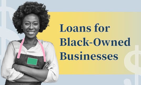 Image of an African American woman wearing an apron and the words “Loans for Black-Owned Businesses” next to her with dollar signs all around