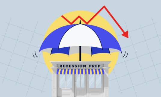 Image of an umbrella above a storefront with a downward-trending red line graph and the words Recession Prep below